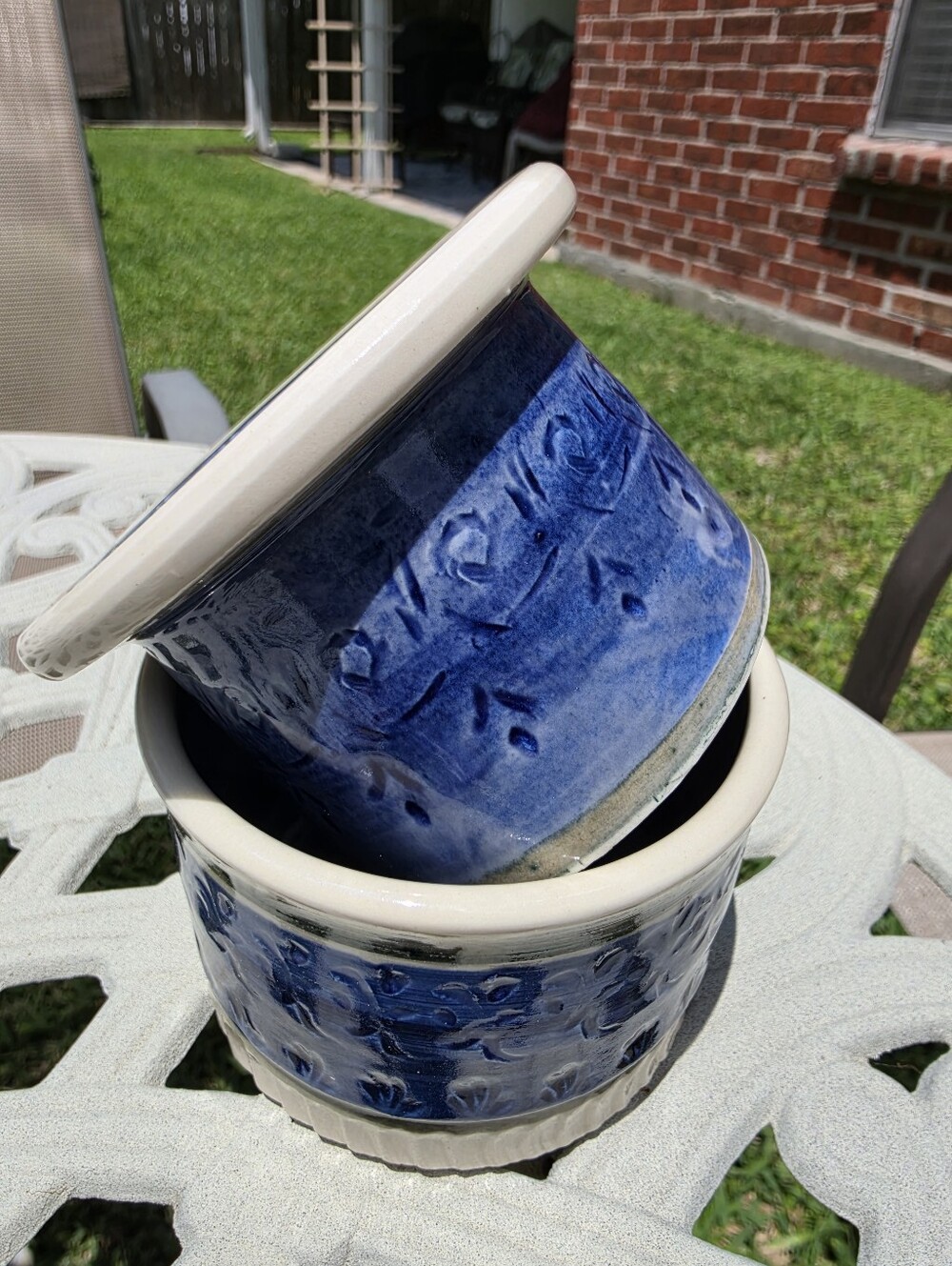Pottery Butter Bell Dish Lid French 4"x3.25” Blue Signed
